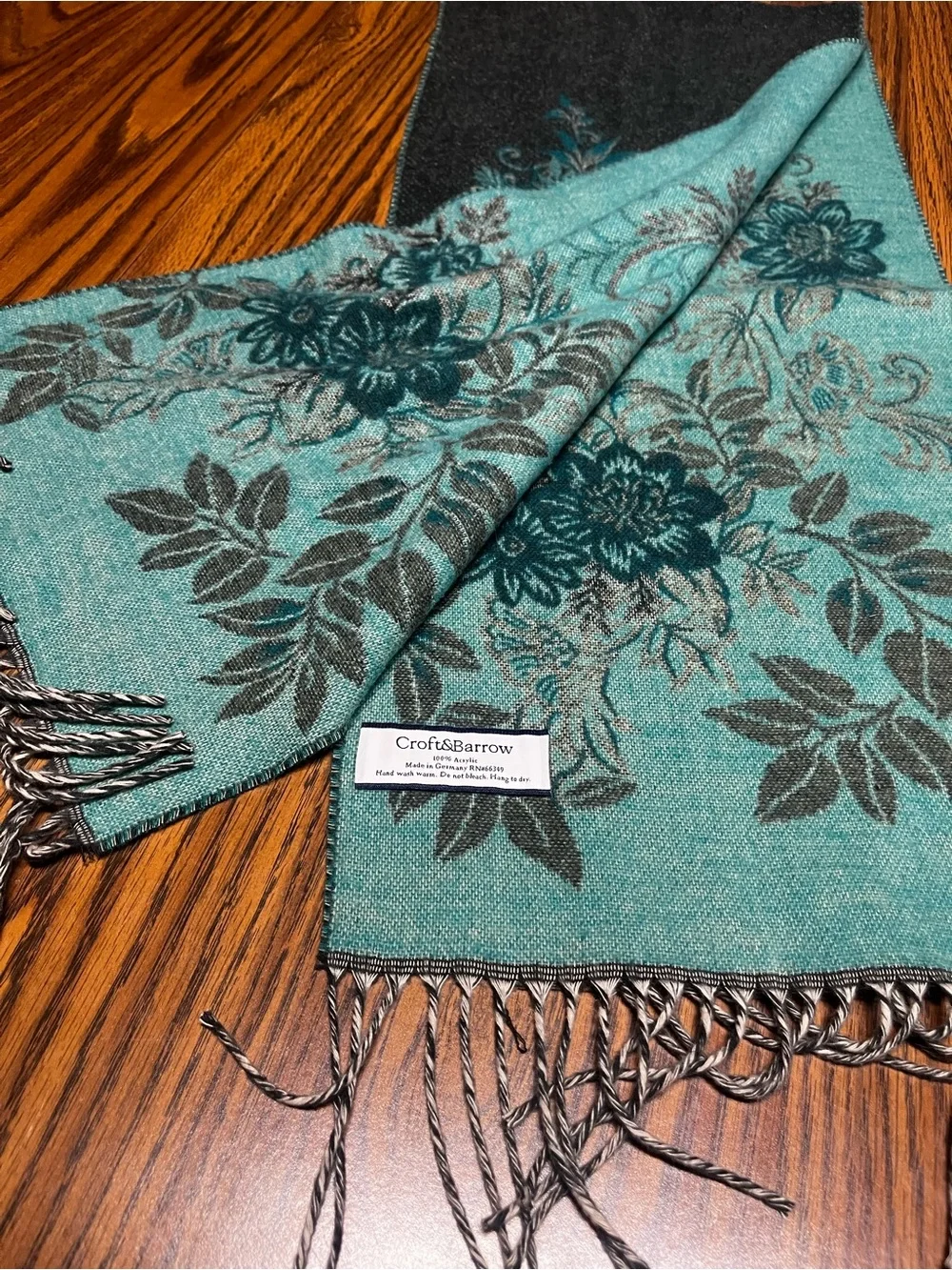 Croft & Barrow Floral Teal and Black Woven Scarf Made in Germany